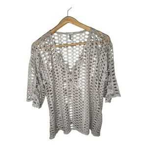 Lulu B Open Weave Mesh Knit Top Button Sleeve Beach Cover Up Size XL Beige